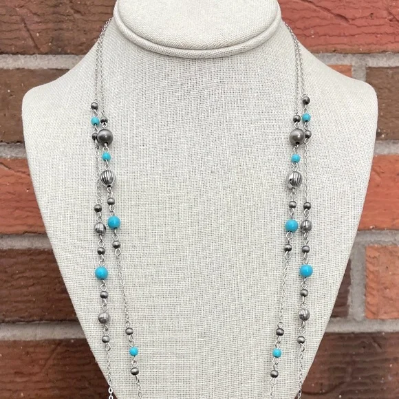Layered Navajo Style Pearl & Turquoise Spaced Bead Necklaces - Picture 4 of 4